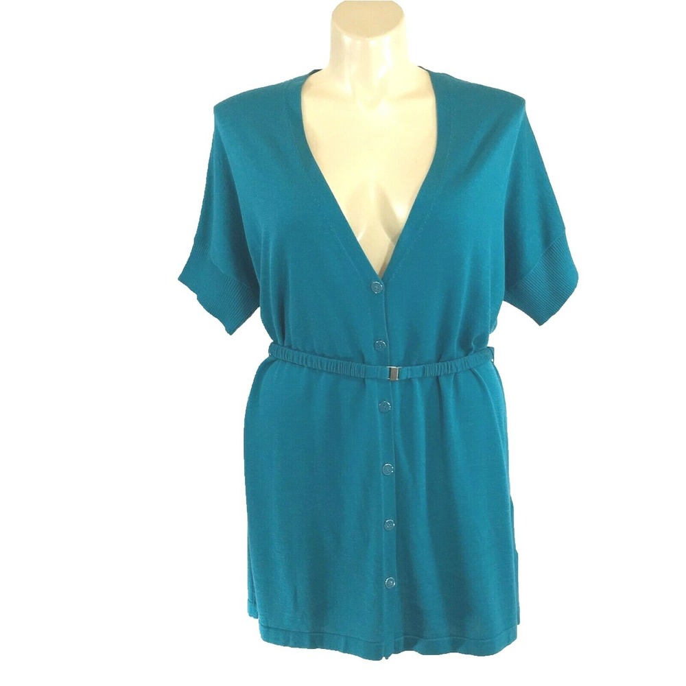 Ellen Tracy Cardigan XL Teal Blue Tile Silk Cotton Belt Long Tunic Top NEW $298